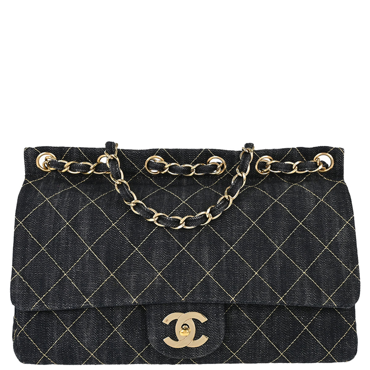 Chanel 2005-2006 Navy Sparkling Denim Chain Through Single Flap Shoulder Bag