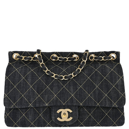 Chanel 2005-2006 Navy Sparkling Denim Chain Through Single Flap Shoulder Bag