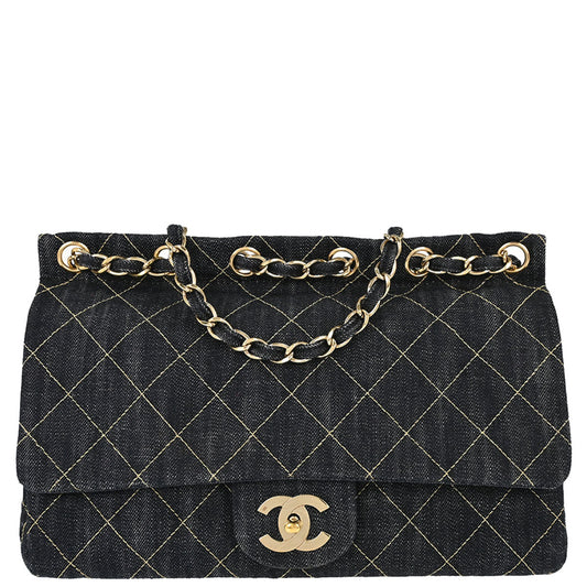 Chanel 2005-2006 Navy Sparkling Denim Chain Through Single Flap Shoulder Bag