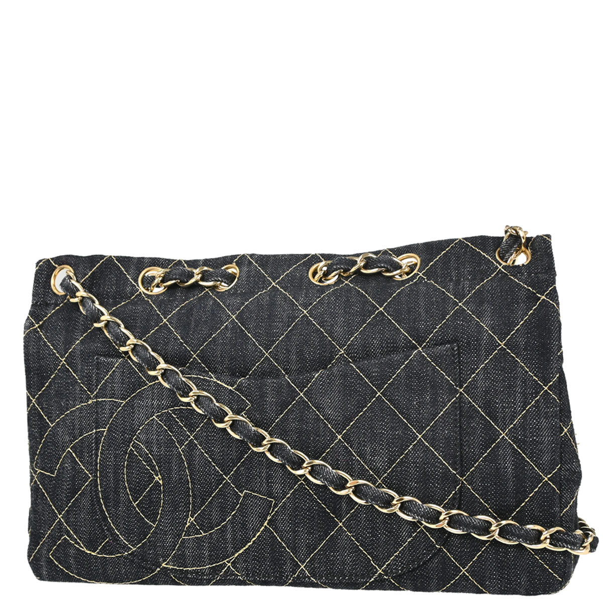 Chanel 2005-2006 Navy Sparkling Denim Chain Through Single Flap Shoulder Bag