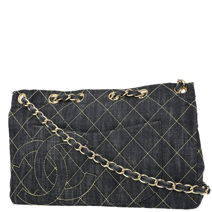 Chanel 2005-2006 Navy Sparkling Denim Chain Through Single Flap Shoulder Bag