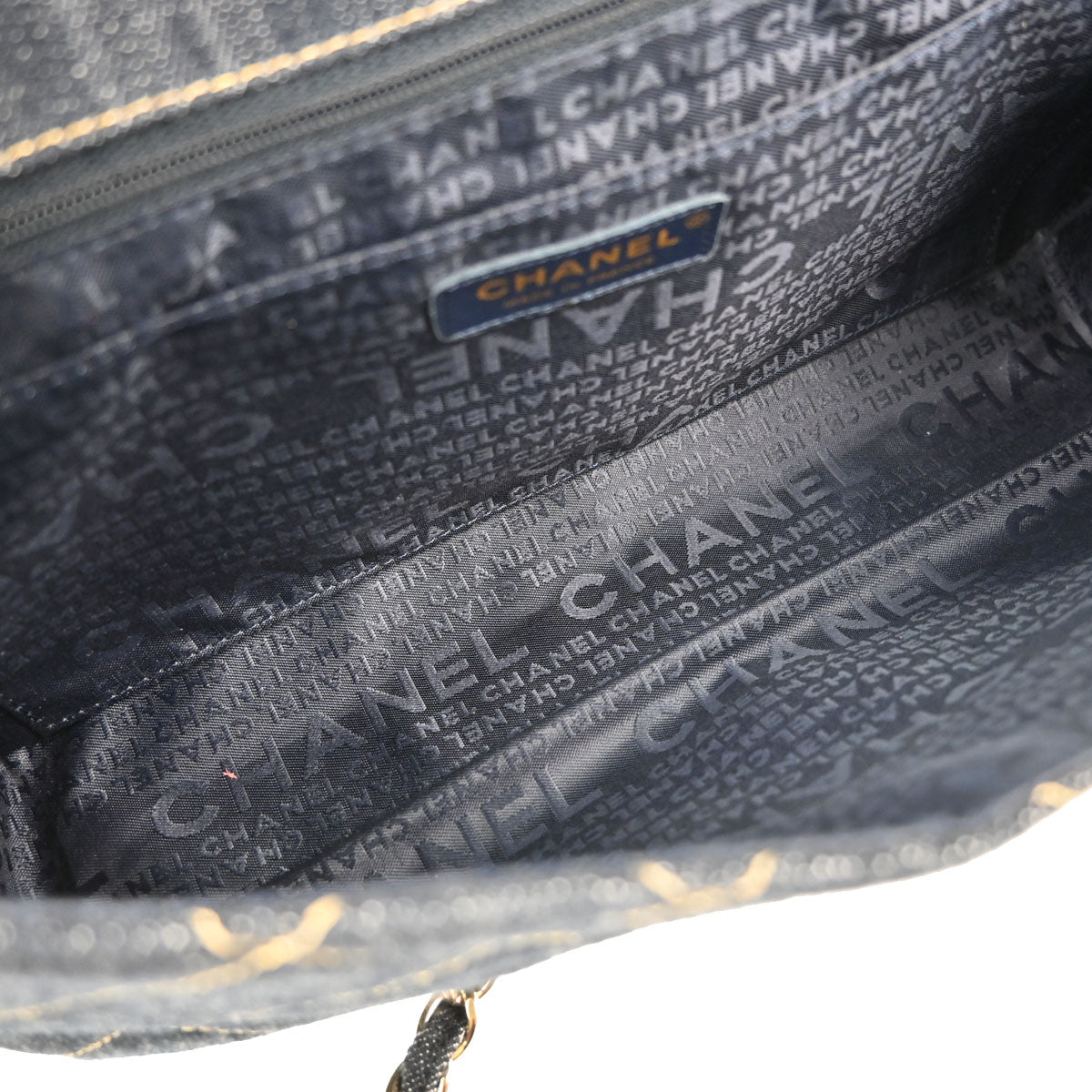Chanel 2005-2006 Navy Sparkling Denim Chain Through Single Flap Shoulder Bag