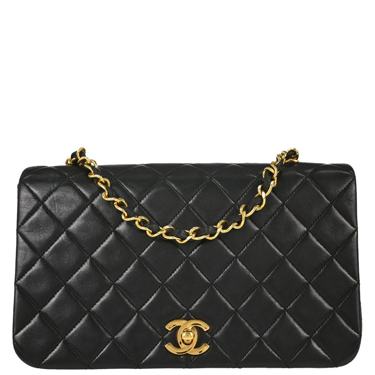 Chanel 1989-1991 Black Lambskin Turnlock Small Full Flap Shoulder Bag