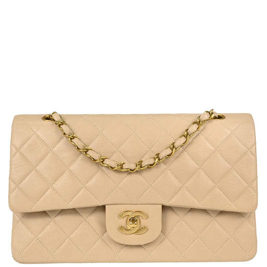 Chanel 1994-1996 Beige Lambskin Medium Classic Double Flap Shoulder Bag