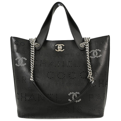 Chanel 2019 Black Perforated Calfskin Logo Eyelets Tote 2way Shoulder Handbag