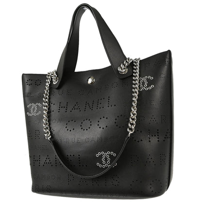 Chanel 2019 Black Perforated Calfskin Logo Eyelets Tote 2way Shoulder Handbag