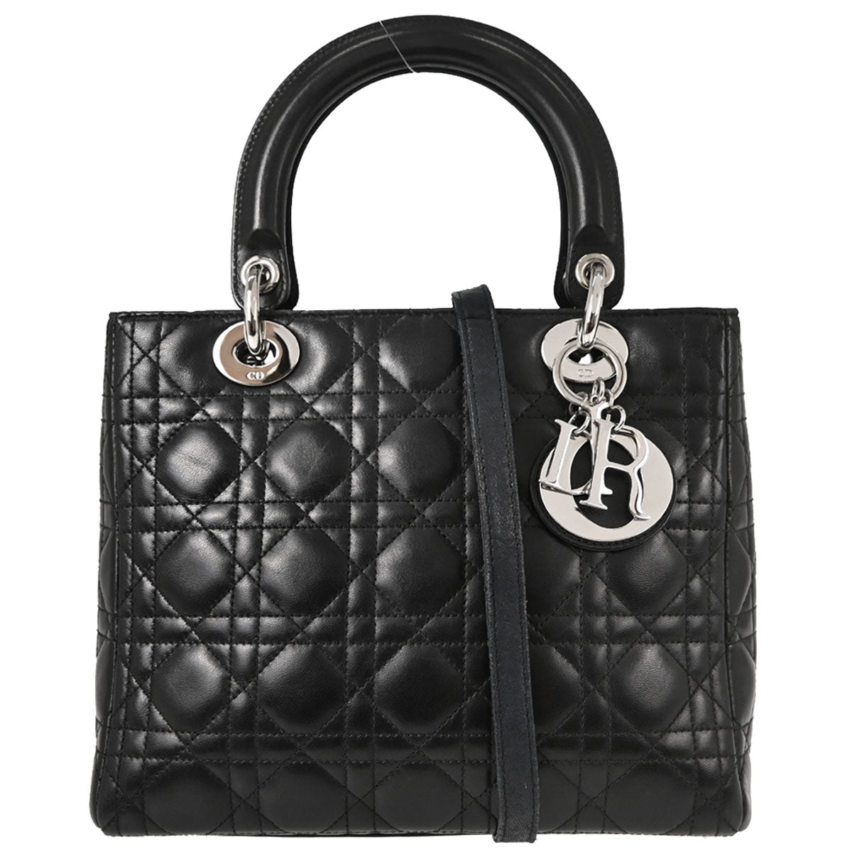 Christian Dior Black Lambskin Lady Dior Medium Cannage 2way Shoulder Handbag