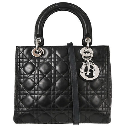 Christian Dior Black Lambskin Lady Dior Medium Cannage 2way Shoulder Handbag