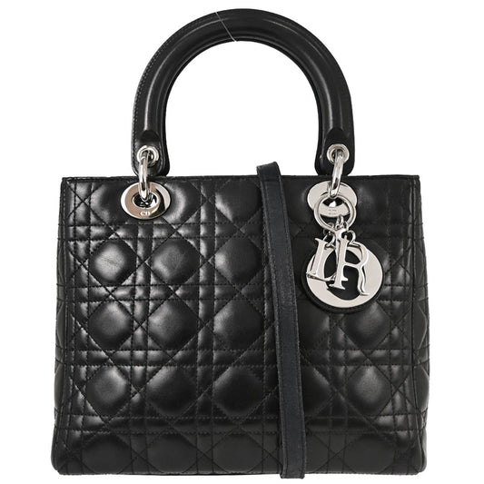 Christian Dior Black Lambskin Lady Dior Medium Cannage 2way Shoulder Handbag