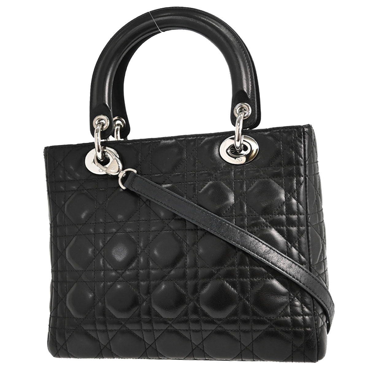 Christian Dior Black Lambskin Lady Dior Medium Cannage 2way Shoulder Handbag