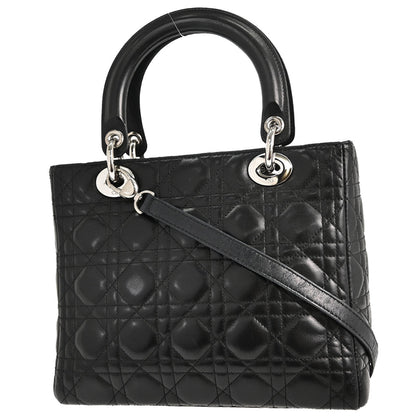 Christian Dior Black Lambskin Lady Dior Medium Cannage 2way Shoulder Handbag