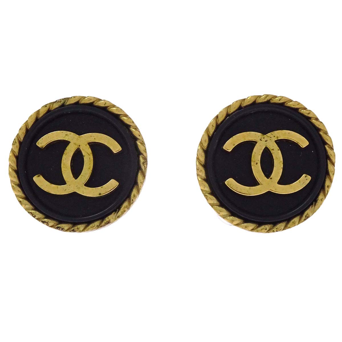 Chanel Button Clip-On Earrings Gold Black 95P