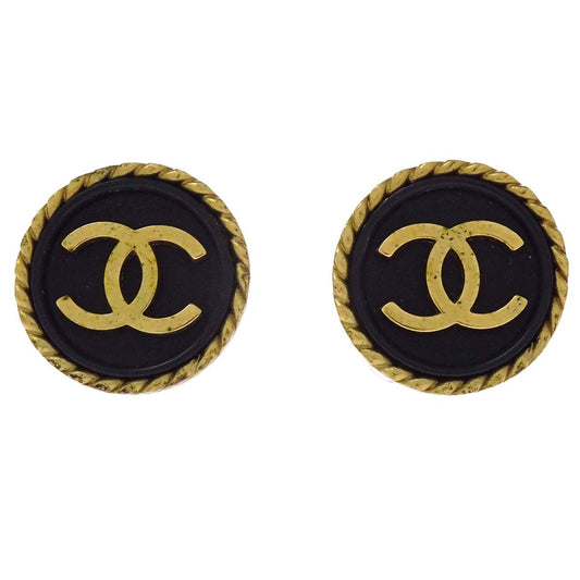 Chanel Button Clip-On Earrings Gold Black 95P