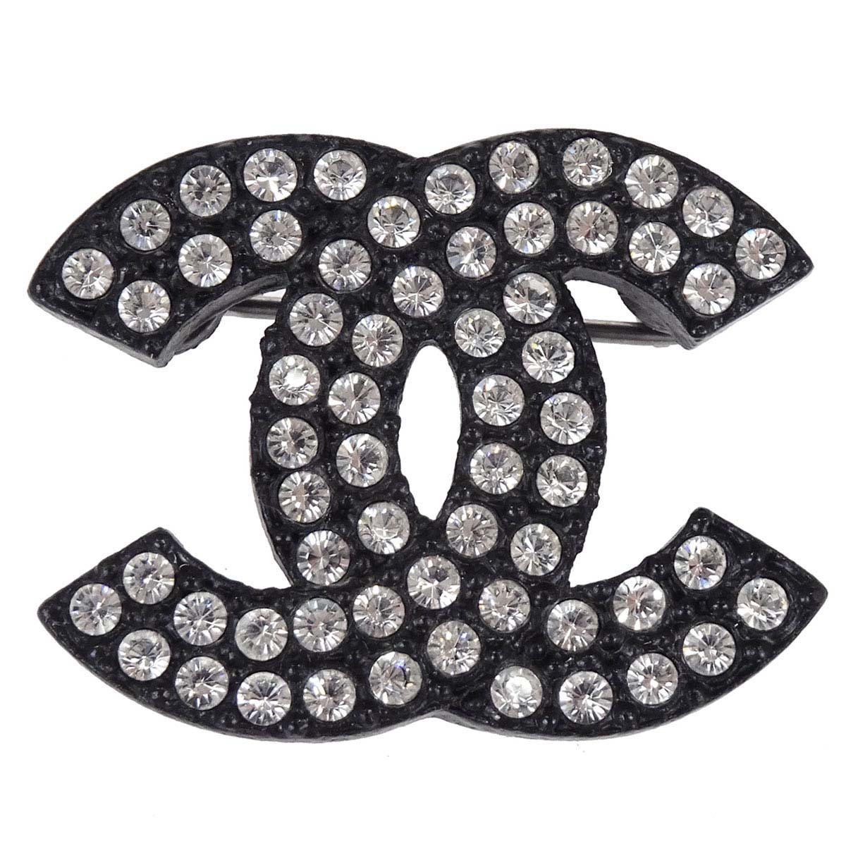 Chanel CC Brooch Pin Rhinestone Black 02A