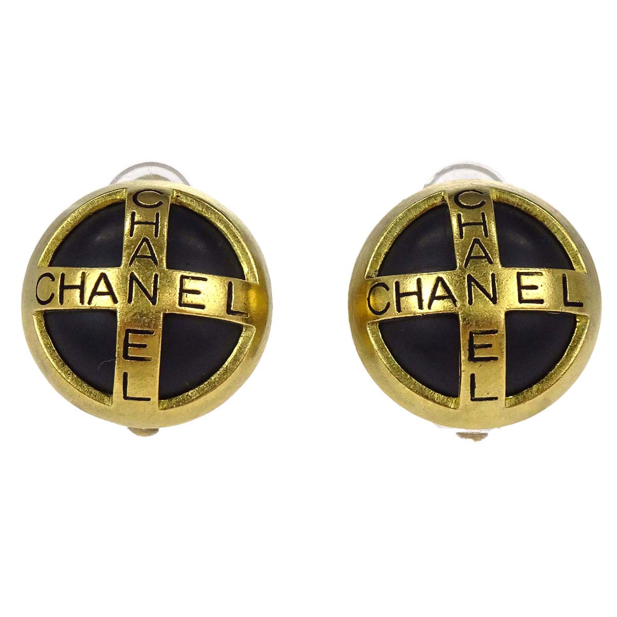 Chanel Button Clip-On Earrings Gold Black 95P