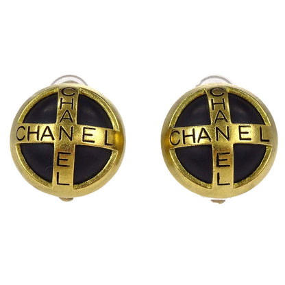 Chanel Button Clip-On Earrings Gold Black 95P
