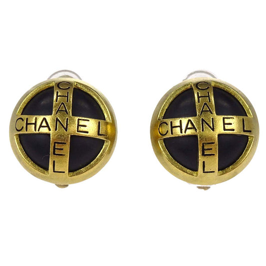 Chanel Button Clip-On Earrings Gold Black 95P