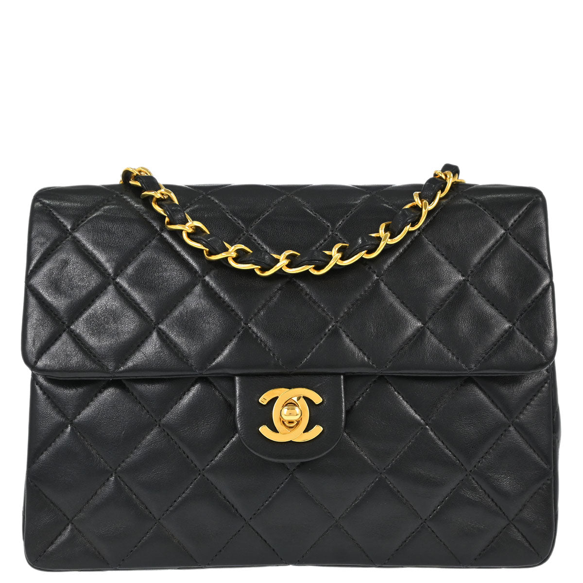 Chanel 1991-1994 Black Lambskin Classic Square Flap Shoulder Bag 20
