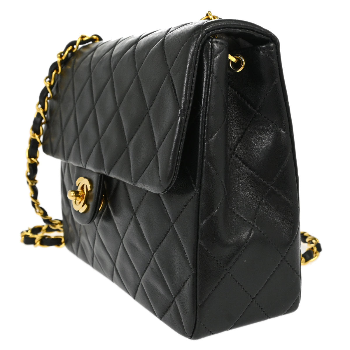 Chanel 1991-1994 Black Lambskin Classic Square Flap Shoulder Bag 20