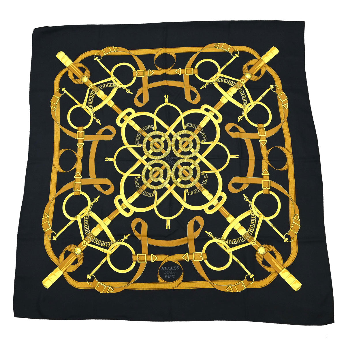 Hermes Scarf Carre 90 Eperon d'Or Black Small Good