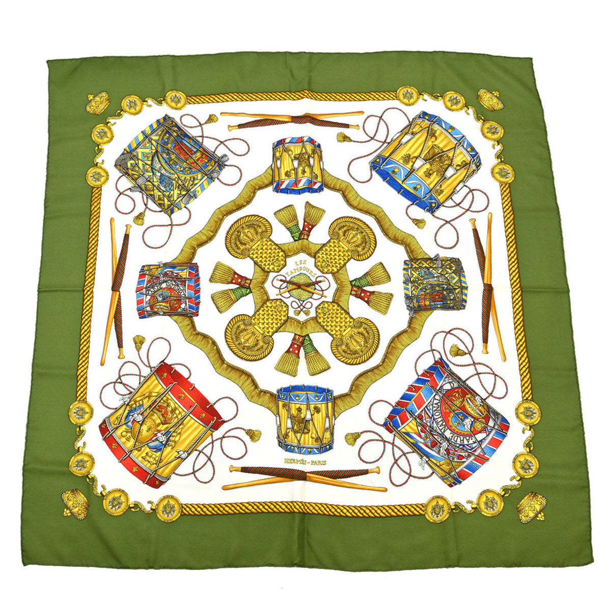Hermes Scarf Carre 90 Les Tambours Green Small Good