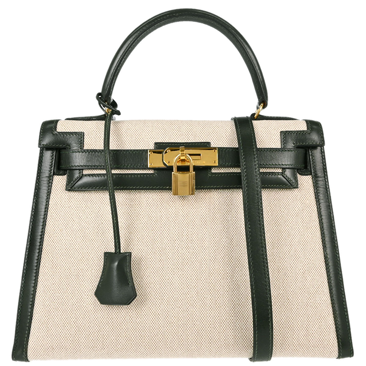 Hermes Beige Green Toile H Box Calf Kelly 28 Sellier 2way Shoulder Handbag