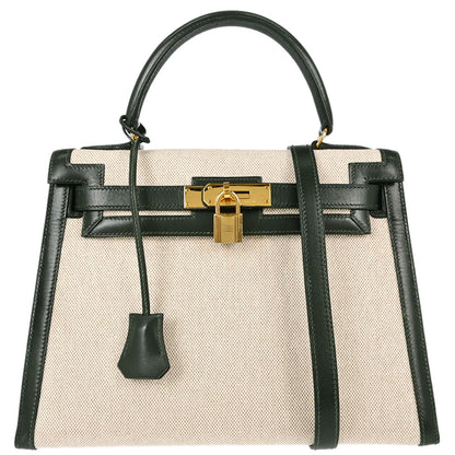 Hermes Beige Green Toile H Box Calf Kelly 28 Sellier 2way Shoulder Handbag