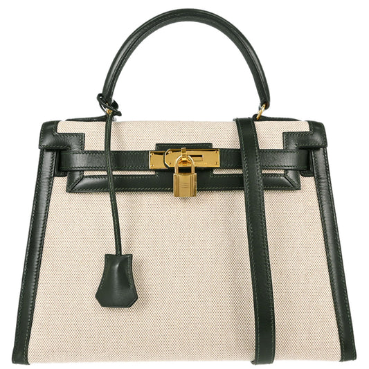 Hermes Beige Green Toile H Box Calf Kelly 28 Sellier 2way Shoulder Handbag