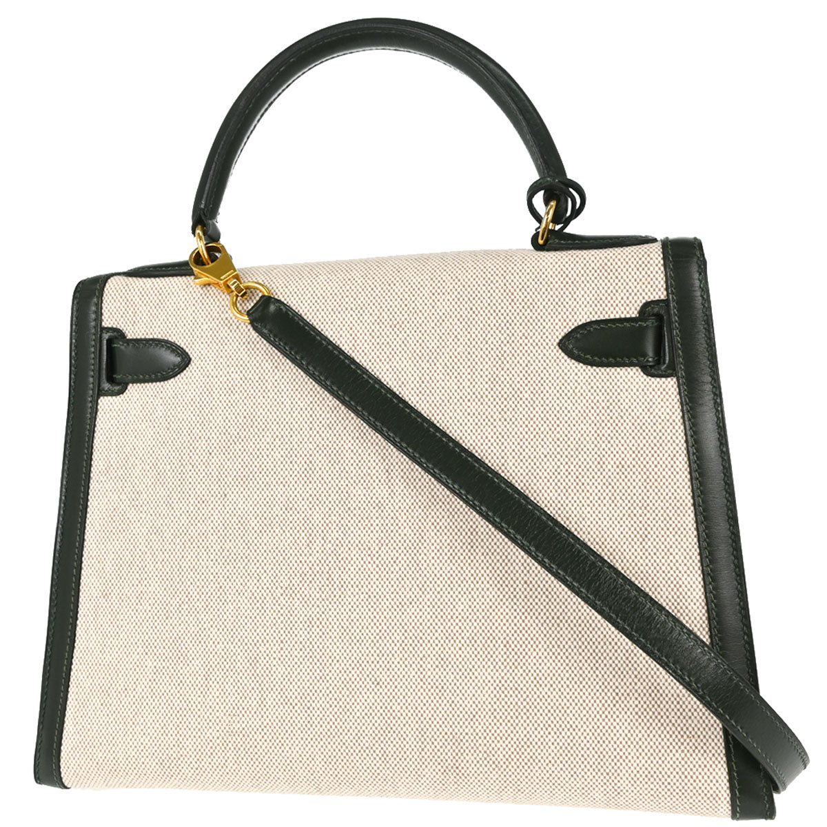 Hermes Beige Green Toile H Box Calf Kelly 28 Sellier 2way Shoulder Handbag