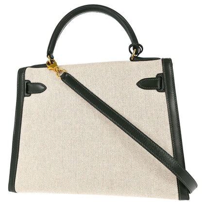 Hermes Beige Green Toile H Box Calf Kelly 28 Sellier 2way Shoulder Handbag