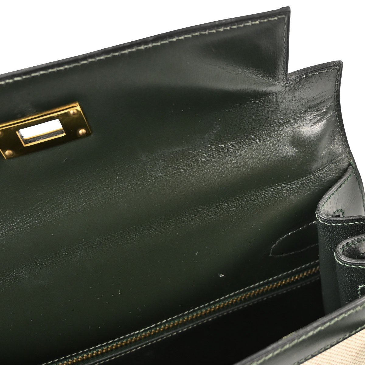 Hermes Beige Green Toile H Box Calf Kelly 28 Sellier 2way Shoulder Handbag
