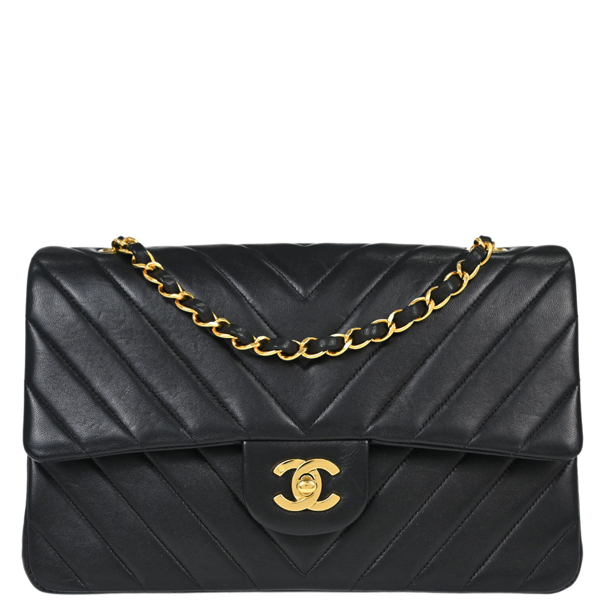 Chanel Black Lambskin Chevron Medium Classic Double Flap Shoulder Bag
