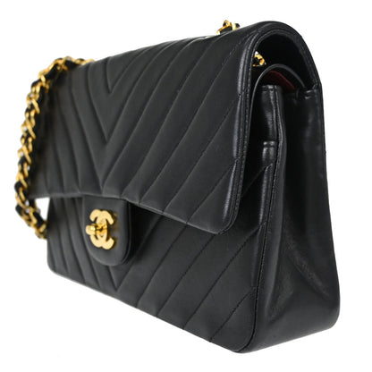 Chanel Black Lambskin Chevron Medium Classic Double Flap Shoulder Bag