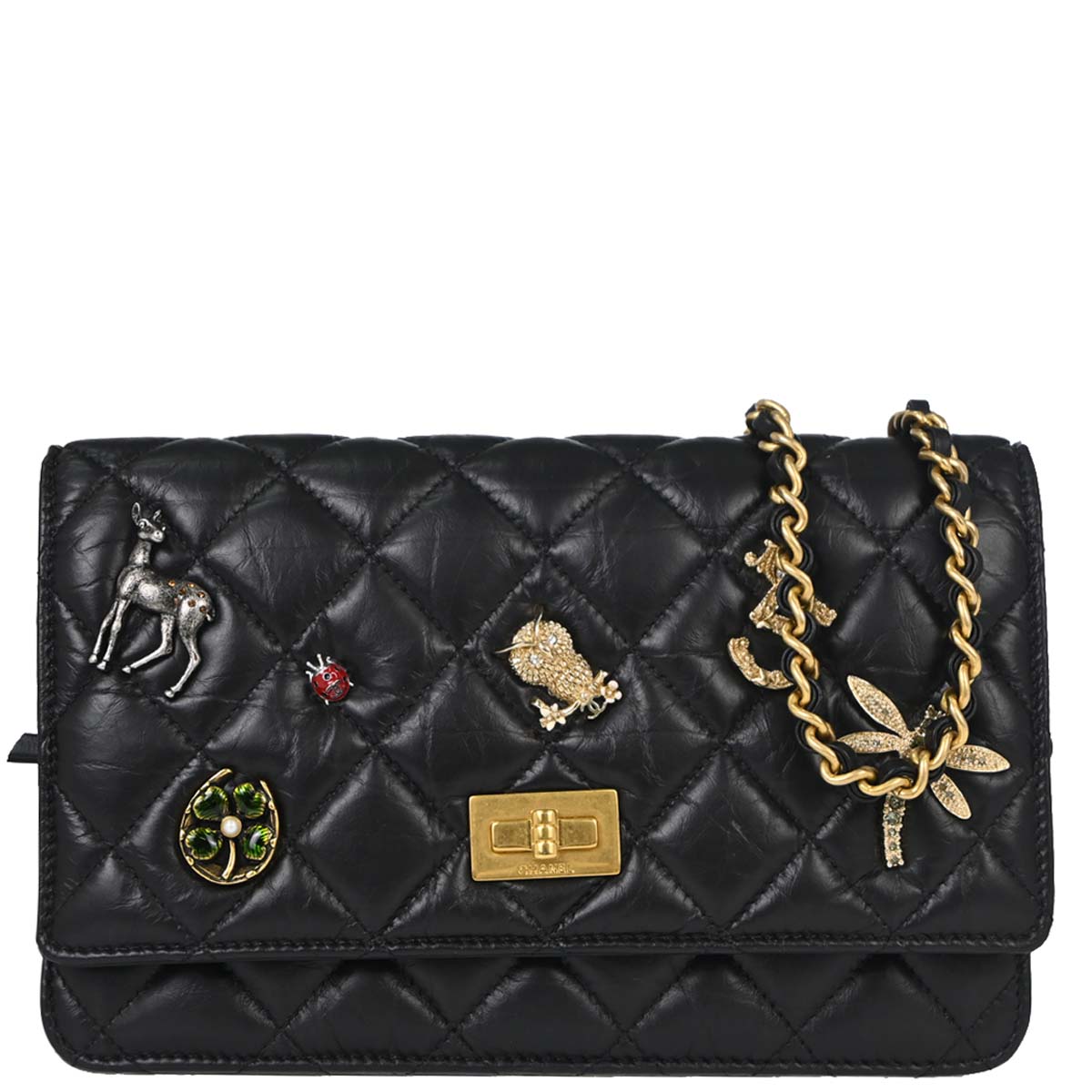 Chanel 2017-2018 Black Calfskin Rhinestone Icon WOC Wallet on Chain Bag