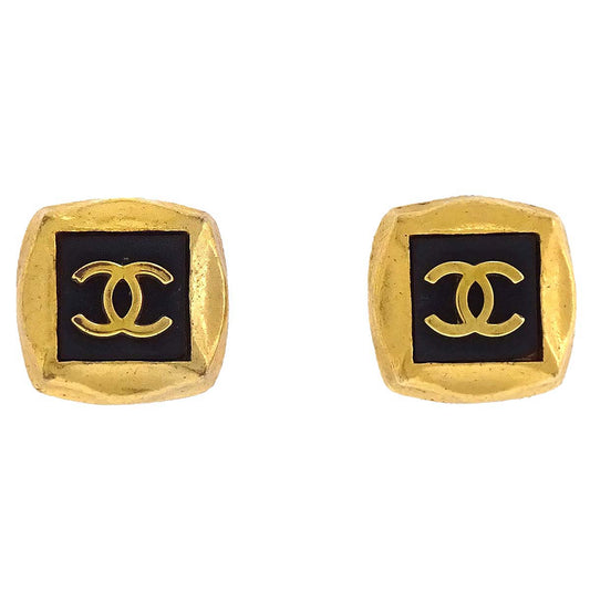 Chanel Square Clip-On Earrings Gold Black 95A