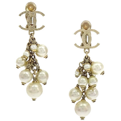 Chanel CC Costume Pearl Dangle Clip-On Earrings Gold A11P