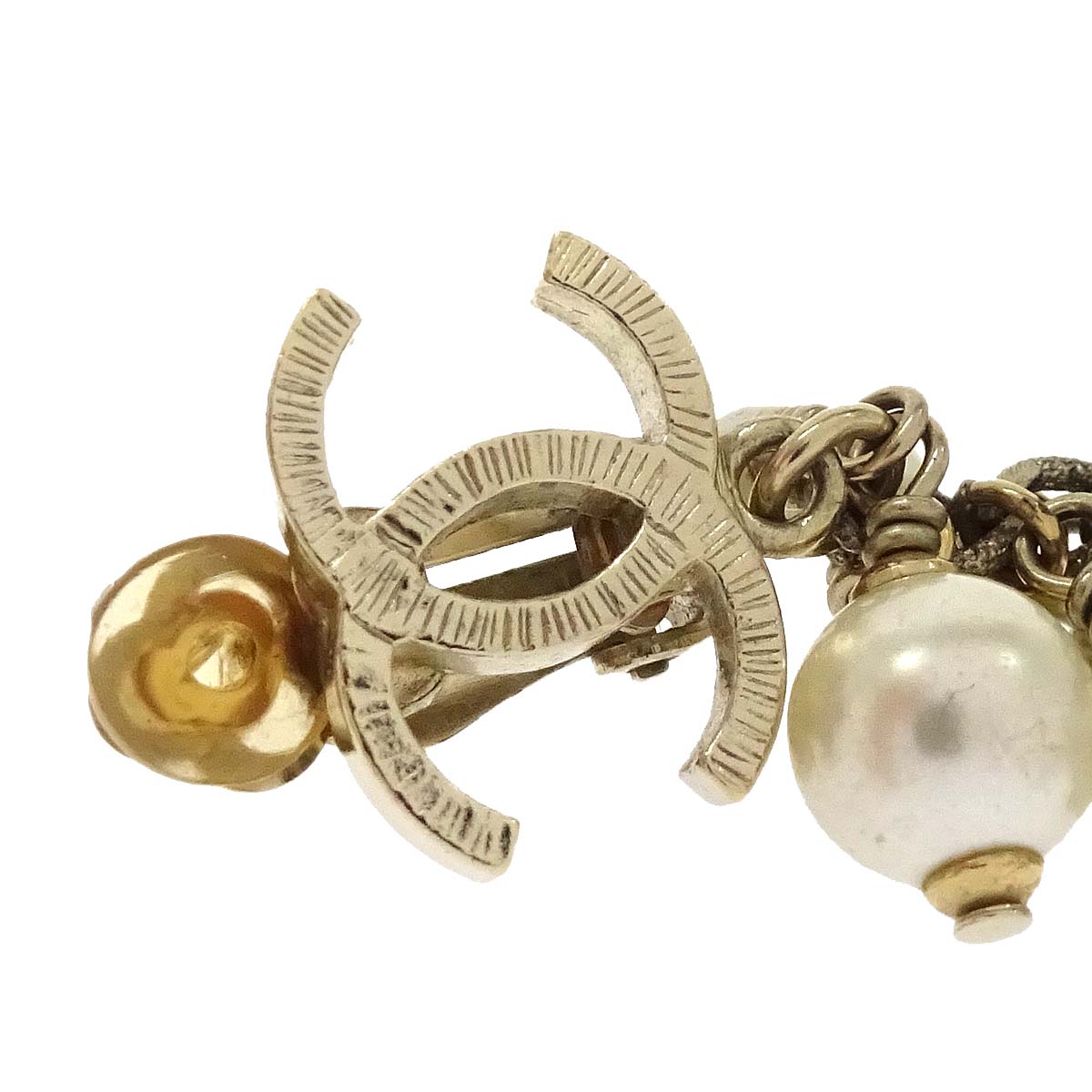 Chanel CC Costume Pearl Dangle Clip-On Earrings Gold A11P