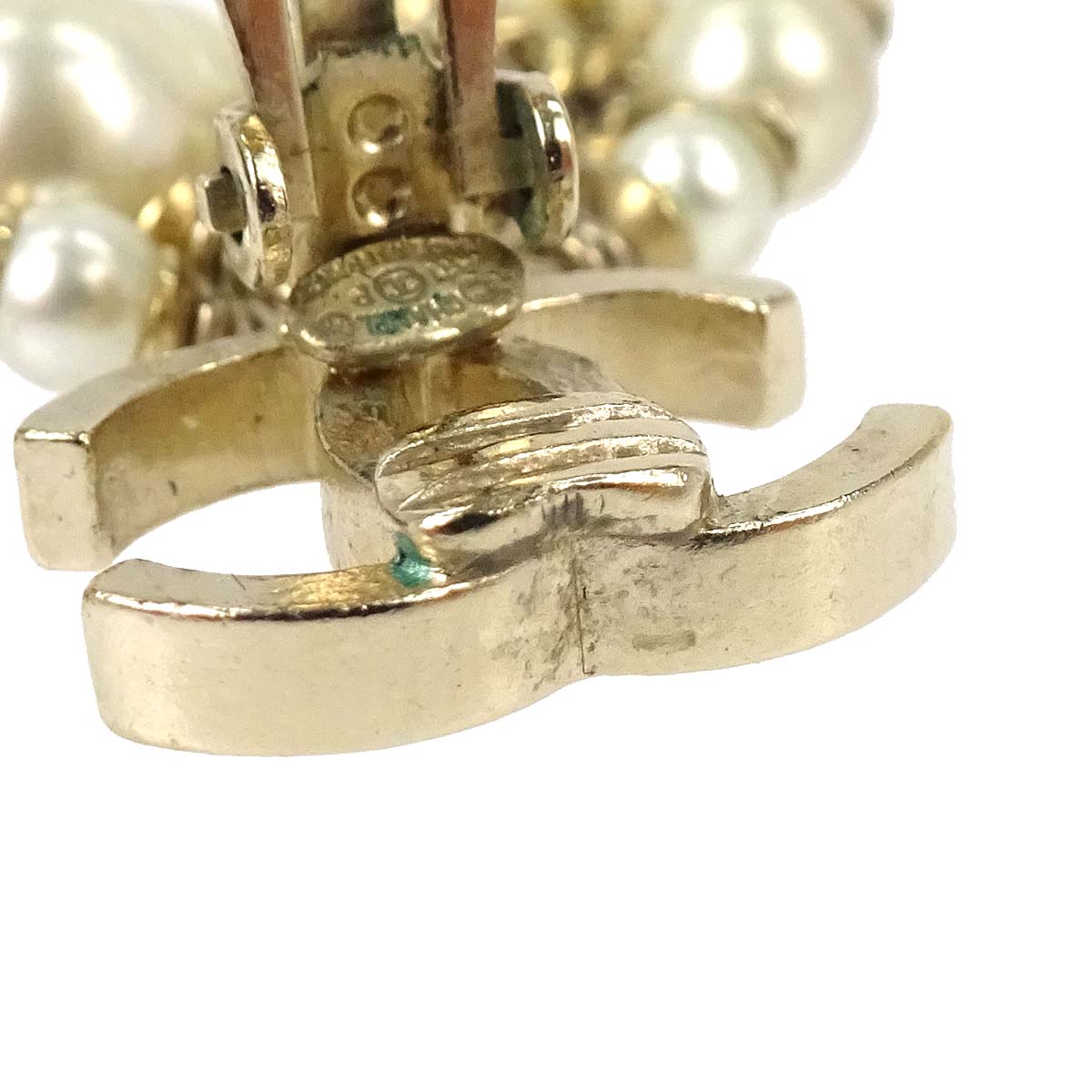 Chanel CC Costume Pearl Dangle Clip-On Earrings Gold A11P