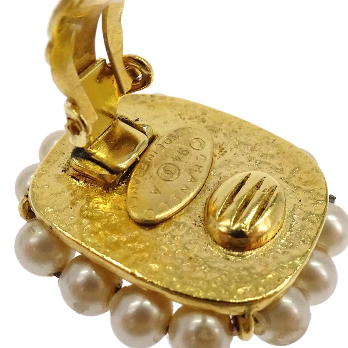 Chanel Gripoix Costume Pearl Rectangle Clip-On Earrings Gold 94A