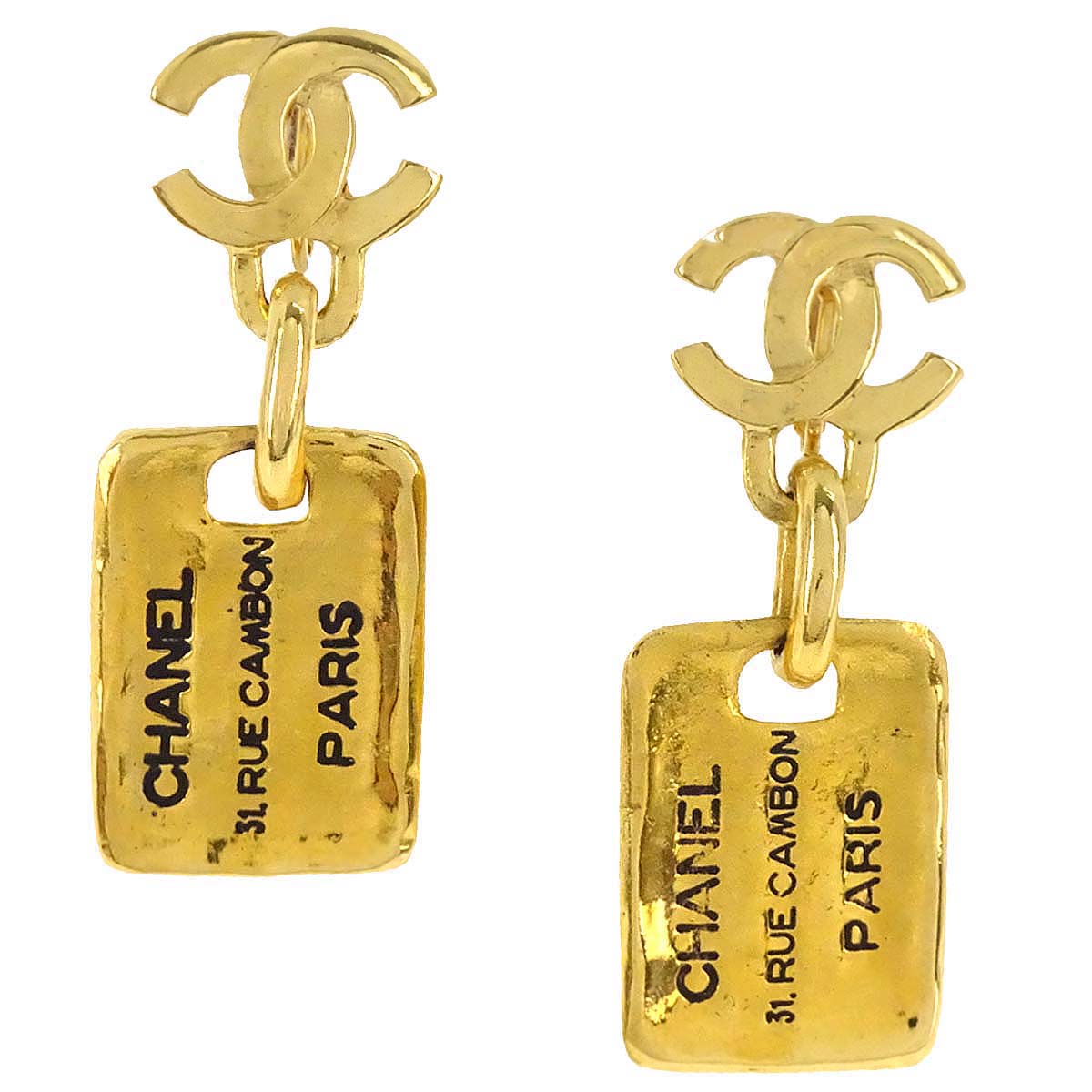 Chanel Dangle Clip-On Earrings Rectangle CC Gold 2344