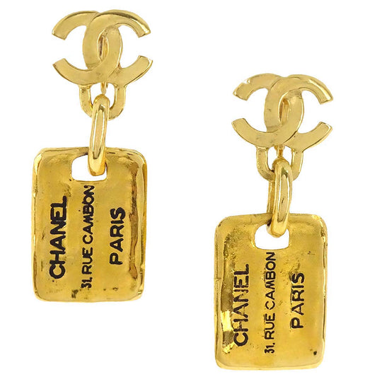 Chanel Dangle Clip-On Earrings Rectangle CC Gold 2344