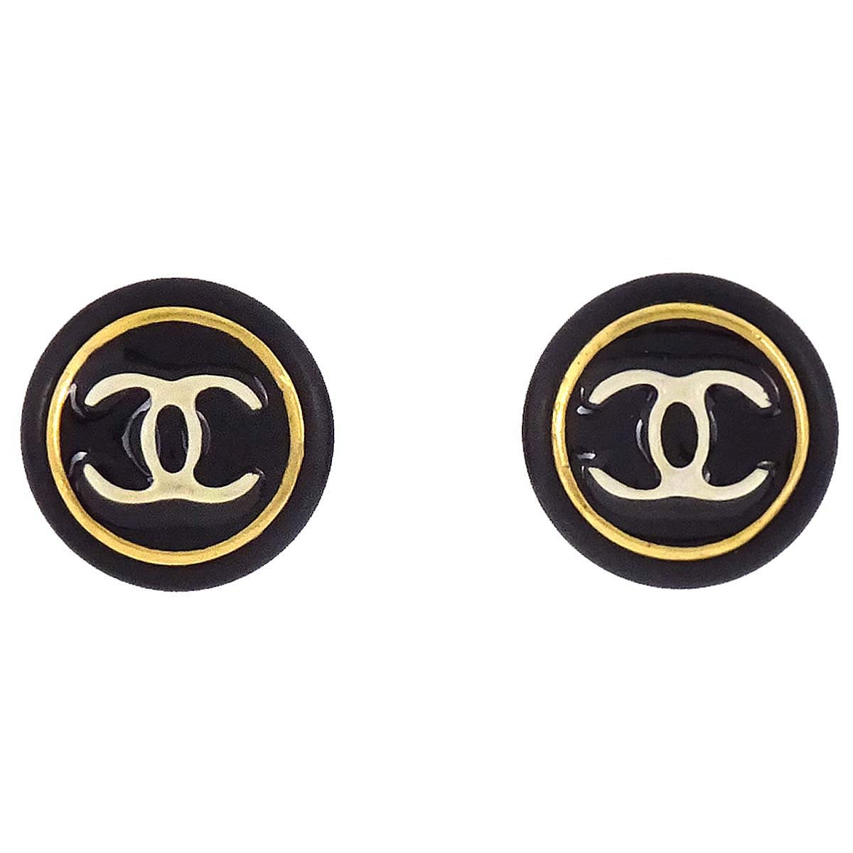 Chanel Button Clip-On Earrings Gold Black 96A