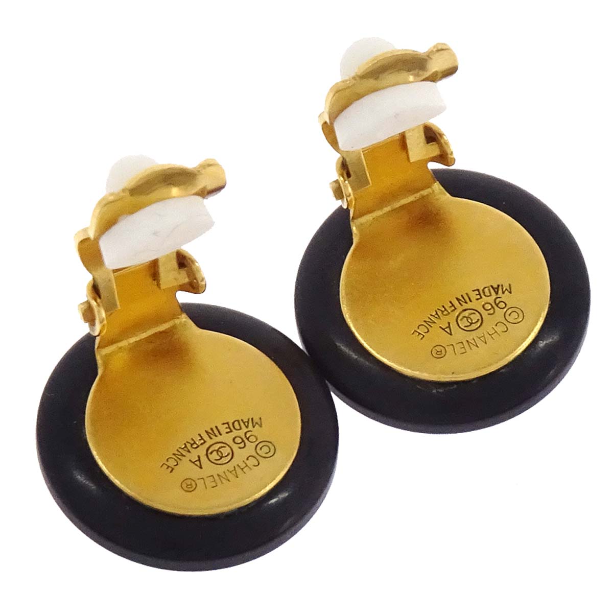 Chanel Button Clip-On Earrings Gold Black 96A