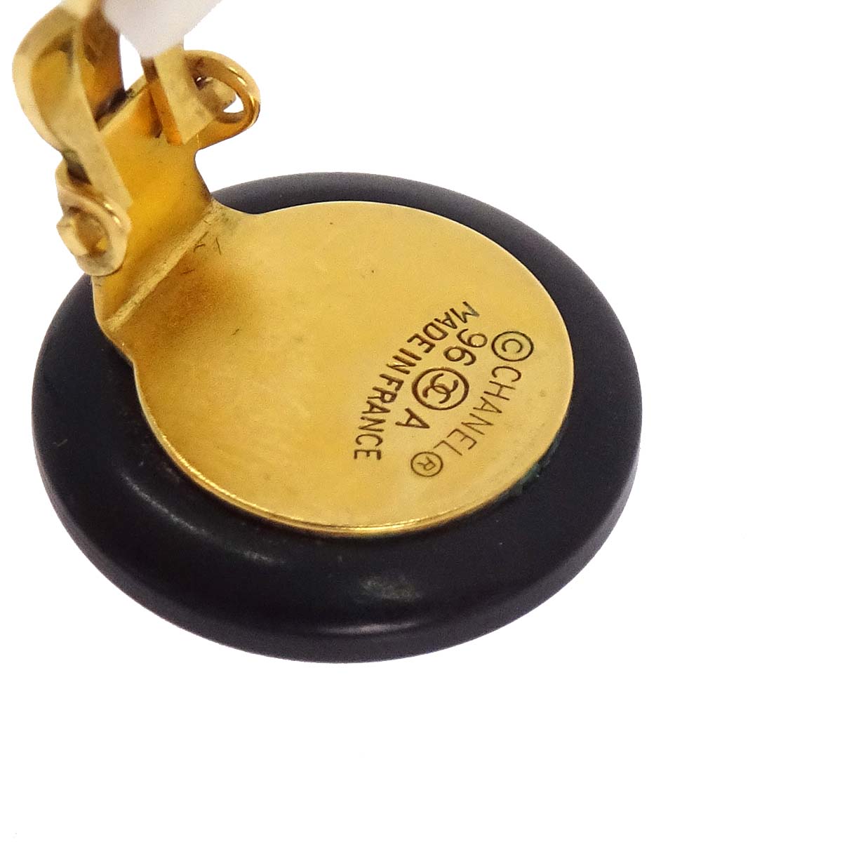 Chanel Button Clip-On Earrings Gold Black 96A