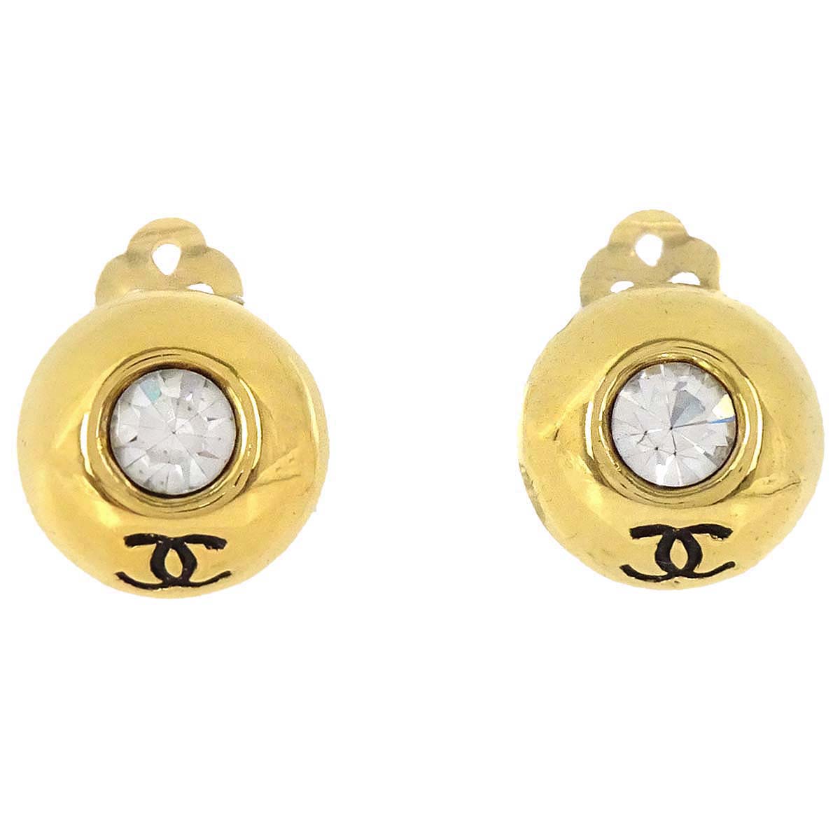 Chanel Button Clip-On Earrings Gold Rhinestone 2197