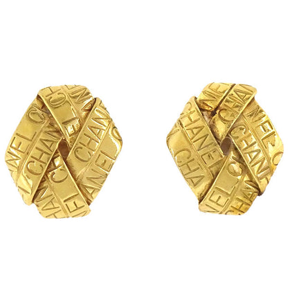 Chanel Logo Ribbon Clip-On Earrings Gold 96P