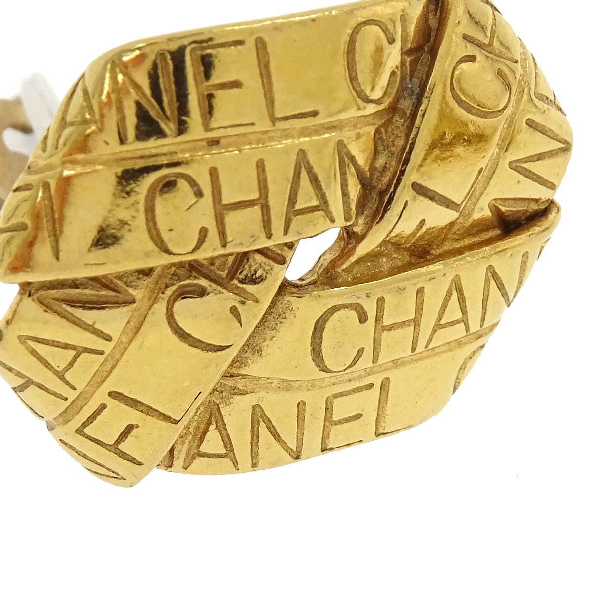 Chanel Logo Ribbon Clip-On Earrings Gold 96P