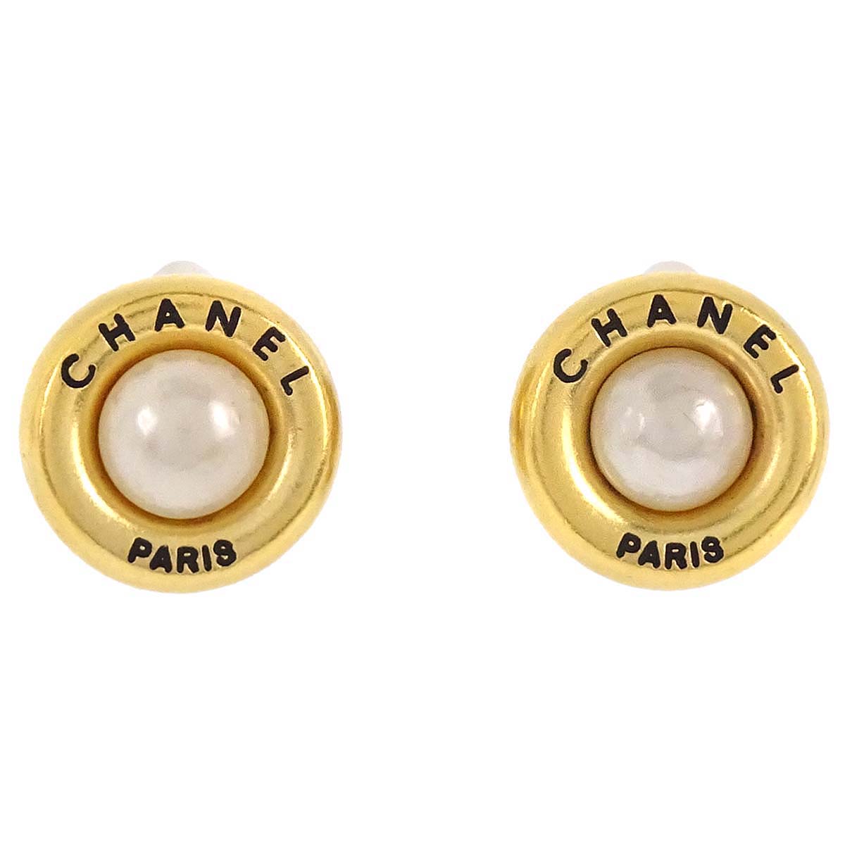 Chanel Costume Pearl Button Clip-On Earrings Gold 95A