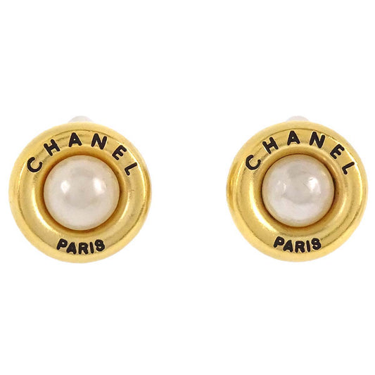 Chanel Costume Pearl Button Clip-On Earrings Gold 95A