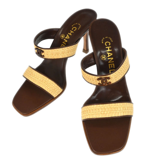 Chanel * CC Beige Brown Leather Straw Sandals Shoes #37